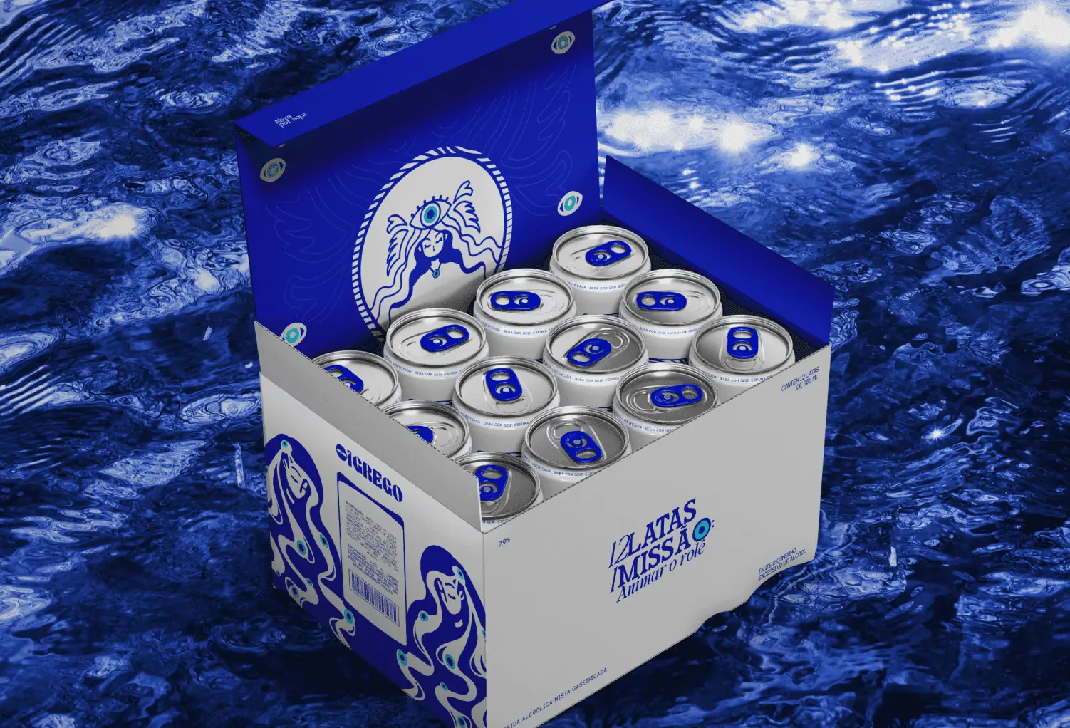 Caixa com seis latas da OIGREGO sobre a água